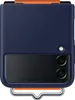 A close-up view of the back of a blue Samsung Galaxy Z Flip 3 phone case with an orange strap. Produktbild-Vorschau