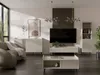 A modern living room with a sofa, TV stand, coffee table, and bookshelf. Produktbild-Vorschau