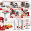 A collage of images showing the assembly steps of a meat grinder attachment for a stand mixer, along with finished sausages and components. Produktbild-Vorschau