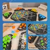 A collage of images showing a triangular board game with colorful pieces, demonstrating its use and material. Produktbild-Vorschau