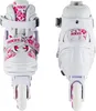 Two views of a pair of white and pink Roces inline skates for girls, shown against a white background. Produktbild-Vorschau