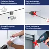 Collage of four images illustrating features of a shower enclosure, including installation and design aspects. Produktbild-Vorschau