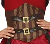 Close-up of a woman's torso wearing a steampunk-style costume with brown and tan stripes, a red top, and two black belts with gold buckles. Náhled obrázku produktu