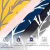 Four different fabric swatches with a leaf pattern are shown diagonally, with icons and text describing product features at the bottom. Produktbild-Vorschau