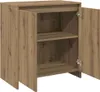 A wooden cabinet with two doors, one of which is open, revealing two shelves inside. Anteprima dell’immagine prodotto
