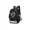 A black backpack with a cartoon graphic and text. Produktbild-Vorschau