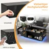 A collage of images showcasing a black coffee table with various features, including a lift-top, storage, and LED lighting, presented in a living room setting. Produktbild-Vorschau