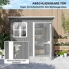 A grey garden shed with a window and an open door, showing a lock and keys, and dimensions indicated. Produktbild-Vorschau