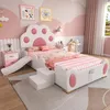 A child's bed with a cat paw headboard, slide, and steps, set in a pink and white themed bedroom. Produktbild-Vorschau
