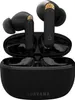 A pair of black wireless earbuds with gold accents, shown in their open black charging case. Produktbild-Vorschau
