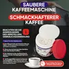 An advertisement for coffee machine cleaning tablets, showing the tablets, a cup of coffee, and instructions for use. Produktbild-Vorschau