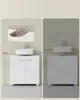 Two images of a white bathroom cabinet with a sink above it, showing dimensions and height. Produktbild-Vorschau