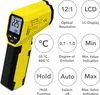A yellow and black infrared thermometer with feature callouts. Produktbild-Vorschau