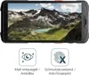 A smartphone displaying a mountain landscape, with two icons below illustrating product features. Produktbild-Vorschau