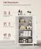 A white bathroom cabinet with multiple shelves filled with various bathroom items, with text and icons on the left explaining storage capacity. Produktbild-Vorschau