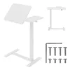 Collage of images showing a white adjustable laptop stand and its parts, along with screws and an Allen wrench. Voir les images du produit