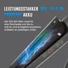 Close-up of an electric bike battery with text overlays describing its features. Produktbild-Vorschau