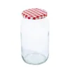 A clear glass jar with a red and white checkered lid. Produktbild-Vorschau