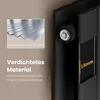 A close-up view of a black radiator with text overlays highlighting material properties and dimensions. Voir les images du produit