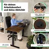 A woman is sitting at a height-adjustable desk, and the image highlights features of the desk. Náhľad obrázku produktu