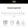 This image shows the contents of a package for a TOJ Living wall-mounted coat rack. It displays the coat rack itself along with hardware components like screws, dowels, and caps. The dimensions of the coat rack are also indicated. Anteprima dell’immagine prodotto