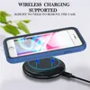 A blue phone case is shown on a wireless charging pad, with text overlay describing its features. Produktbild-Vorschau