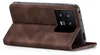 A brown flip-style phone case is shown from a side angle, with the phone inserted and its camera module visible. Produktbild-Vorschau