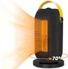 A black and yellow portable electric heater is shown with orange heat waves emanating from it, indicating it is in operation. A circular arrow with '70°' is shown, suggesting oscillation. Anteprima dell’immagine prodotto
