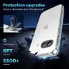A clear phone case is shown on a dark, rocky surface, with graphics and text highlighting its protective features. Produktbild-Vorschau