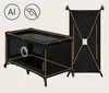 A black baby travel cot is shown in its open state on the left, and folded on the right. There are two circular icons with text and graphics above the cot. Anteprima dell’immagine prodotto