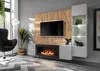 A modern living room with a wall-mounted entertainment unit featuring a TV, fireplace, and display shelves. Produktbild-Vorschau