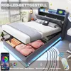 A modern bed frame with integrated LED lighting and storage, shown in a bedroom setting. Produktbild-Vorschau