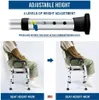 An instructional image showing how to adjust the height of a shower chair, with before and after images of a person sitting in it at different heights. Produktbild-Vorschau