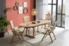A dining set with a wooden table and chairs in a room with a coral wall and large windows. Produktbild-Vorschau