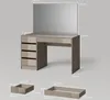 A 3D rendering of a vanity table with a mirror and drawers, along with separate diagrams of the drawers with dimensions. Voir les images du produit