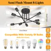 A diagram showing the dimensions of a semi-flush mount 8-light chandelier, along with various compatible bulb types. Produktbild-Vorschau