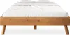 A front view of a wooden bed frame with white bedding. Produktbild-Vorschau