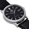 Close-up shot of a black Orient watch with a silver case and black leather strap. Voir les images du produit