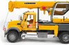 A detailed side view of a yellow Bruder MACK Granite Liebherr crane truck toy. Náhľad obrázku produktu
