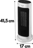 A white tower heater with a black front grille and a digital display on top, shown with dimensions indicated by text and dotted lines. Podgląd zdjęcia produktu