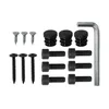 A collection of hardware components for assembling a table base, including screws, bolts, end caps, and an Allen wrench. Voir les images du produit