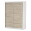 A white and wood-grain sliding door wardrobe. Voir les images du produit