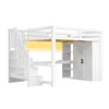 A white loft bed with stairs, a desk, shelves, and a wardrobe. Produktbild-Vorschau