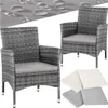 A collage featuring two gray rattan chairs with light gray cushions, and a separate image of four cushions in cream and gray. Produktbild-Vorschau