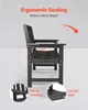 A side view of a black outdoor chair with text and diagrams highlighting its ergonomic features. Produktbild-Vorschau