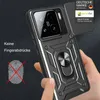 A hand is holding a black smartphone case with a ring holder and camera protection. Text and logos are overlaid on the image. Produktbild-Vorschau