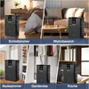 Collage showing an electric dehumidifier in different rooms of a house: bedroom, living room, bathroom, wardrobe, and kitchen. Náhled obrázku produktu