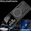 A black phone case with a ring holder is shown against a dark, starry background, with an inset image showing the internal "airbag structure" of the case. Produktbild-Vorschau