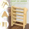 A wooden climbing triangle for children is shown in a folded state, with inset images demonstrating its assembly and storage. Produktbild-Vorschau