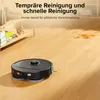 A robot vacuum cleaner is shown on a wooden floor next to a spill, with text overlay describing its cleaning capabilities. Produktbild-Vorschau